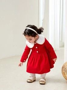 SHEIN Baby Girl Warm & Elegant Red Ruffled Collar Long Sleeve Knee-Length Dress For Christmas Party And Casual Outings, Autumn Winter - Red - View 5