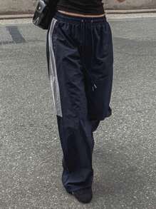 DAZY Damen Kontrast Farbblock Patchwork Buchstaben Stickerei Dekor Streetwear Lässig Hose, Weite Hose, Herbstkleidung - marineblau - Übersicht 3