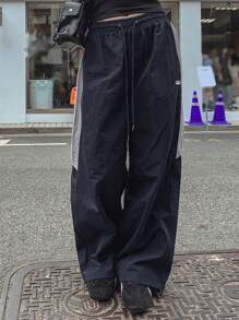 DAZY Damen Kontrast Farbblock Patchwork Buchstaben Stickerei Dekor Streetwear Lässig Hose, Weite Hose, Herbstkleidung - marineblau - Übersicht 7