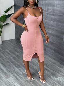 Slaydiva Elegante conjunto de 2 piezas de vestido midi ajustado con abertura y botones delanteros rosa + cárdigan de manga larga - Rosa vieja - Ver 4