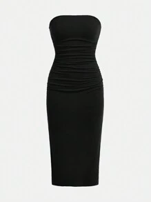 SHEIN Girlism Teen Girls Solid Color Knit Ruched Hem Slit Casual Tube Dress - Black - View 1