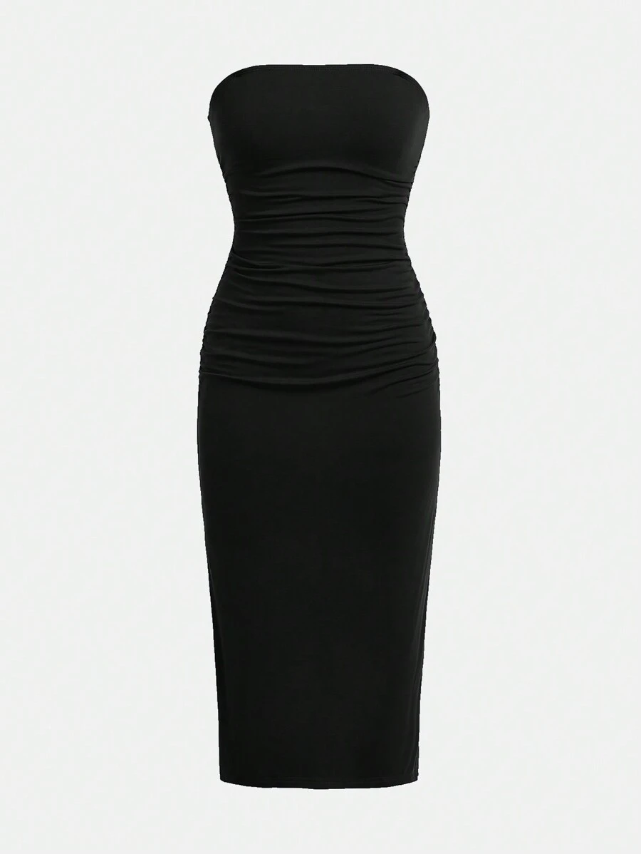 SHEIN Girlism Teen Girls Solid Color Knit Ruched Hem Slit Casual Tube Dress - Black - View 1