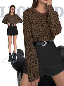 DAZY Leopard Print Round Neck Loose Short Sleeve T-Shirt For Women,Fall Clothes,Back To School Clothes Long Sleeve Women Tops