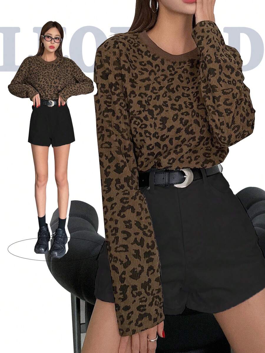 DAZY Leopard Print Round Neck Loose Short Sleeve T-Shirt For Women,Fall Clothes,Back To School Clothes Long Sleeve Women Tops