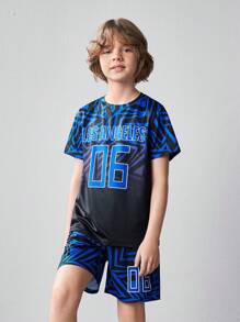 SHEIN 2pcs Tween Boy's Printed Short Sleeve T-Shirt And Sweatpants Sports Outfit - Black - View 1