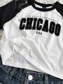 Attitoon Casual Minimalist "Chicago" Text Pattern Crew Neck Cropped Tight Fit Raglan Sleeve Colorblock Baby Tee For Women, Suitable For Back To School, Summer Suitable For Going Out - White - View 4