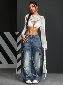 SHEIN PETITE 女士时尚街头纽扣腰带环侧袋磨边牛仔裤