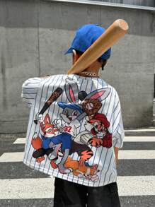 SHEIN SLAYR KIDS Young Boy 1pc Casual & Cute Vacation Cartoon Animal Group Print Ultra-Oversized Round Neck Drop Shoulder Short Sleeve White & Blue Striped T-Shirt, Suitable For Sports & Spring/Summer Seasons - Multicolor - View 7