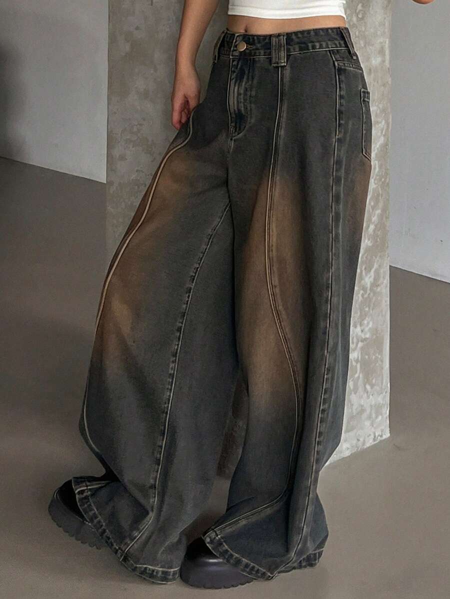 DAZY 女式做旧宽松直筒牛仔裤、宽松牛仔裤 - 藍色 - 查看 1