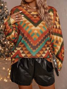 SHEIN LUNE Plus Size Women's Autumn/Winter Full Print Crew Neck Loose Pullover Sweater Knit Pullover Fall - Multicolor - View 5