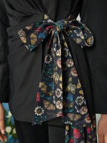 VERO DIAZ Frida Kahlo X SHEIN X Designer Business Casual Lapel Collar Contrast Floral Print Ruched Knot Front Blazer, Holiday, Thanksgiving, Spring, Festival, Office - Multicolor - View 9