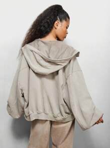 SUMWON WOMEN Oversized Full Zip Sweatshirt Bomber Style Jacket Balloon Sleeve Workout Casual Athleisure Loungewear Fall Winter Essential Hoodie - Khaki - View 2