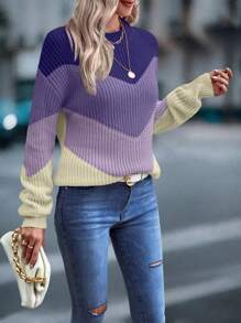 EMERY ROSE 女士圆领长袖撞色休闲日常柔软优雅套头毛衣，针织套头衫，秋冬款 - 彩色 - 查看 6