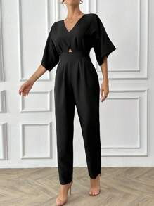 EURMUSE 100% Cotton Women's V-Neck Short Sleeve Fashionable, Graceful And Elegant Black Jumpsuit - Black - View 7