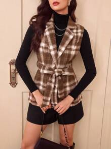 Vintamour Retro Elegant Women Regular Jacket, Autumn/Winter Fitted Waist Tie Belt Sleeveless Plaid Vest Jacket Vest Women Jackets Renaissance Fair Winter Women Coat Business Women Clothes Women Blazers Fall Women Outfits Homecoming Thanksgiving Women Outfit Fall Clothes Halloween Women Dress Winter Women Dress Women Blazers