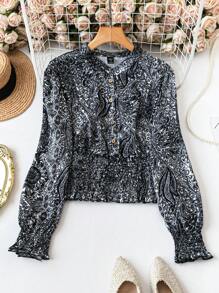 SHEIN Clasi Plus Size Front Button Closure Long Sleeve Allover Print Casual Shirt - Black and White - View 1