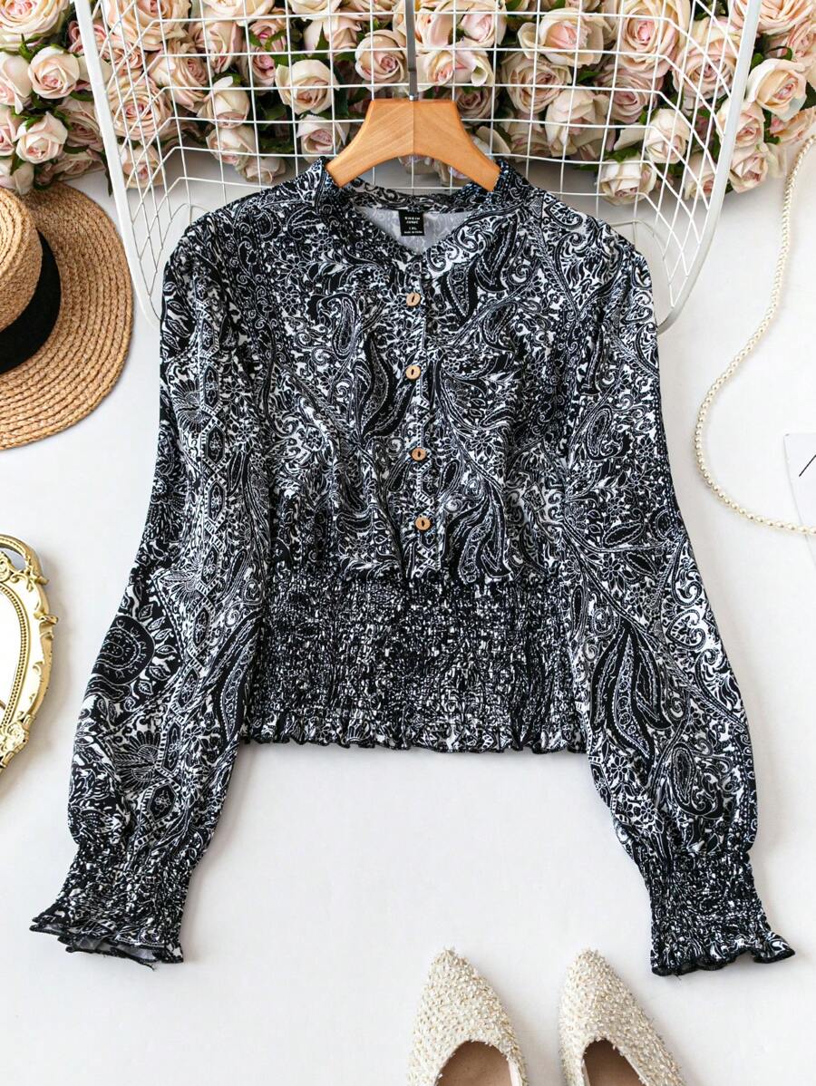 SHEIN Clasi Plus Size Front Button Closure Long Sleeve Allover Print Casual Shirt - Black and White - View 1