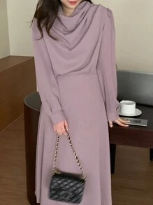 DAZY Vestido de mujer de unicolor con cintura ceñida y hombros caídos, ropa de mujer de otoño