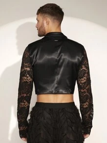 FeverCity Chaqueta blazer corta de satén brillante con parches y encaje contrastante para hombres, primavera