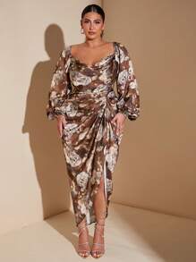 SHEIN BAE 加大码绿色天使花卉图案领口垂坠圆领长袖泡泡袖腿部侧开衩宽松缎面连衣裙 - 咖啡棕 - 查看 4