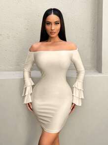 VaVaBold Women's Solid Color Off Shoulder Flare Sleeve Fitted Elegant Mini Dress, Spring And Summer