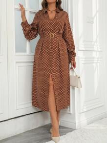Flirla Plus Size Spring & Autumn Casual Polka Dot Print Button Down Shirt Dress - Brown - View 5