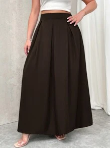 Firerie 大码女式高腰长款褶皱 A 字裙，带口袋，松紧腰，灰色 - 巧克力棕 - 查看 4
