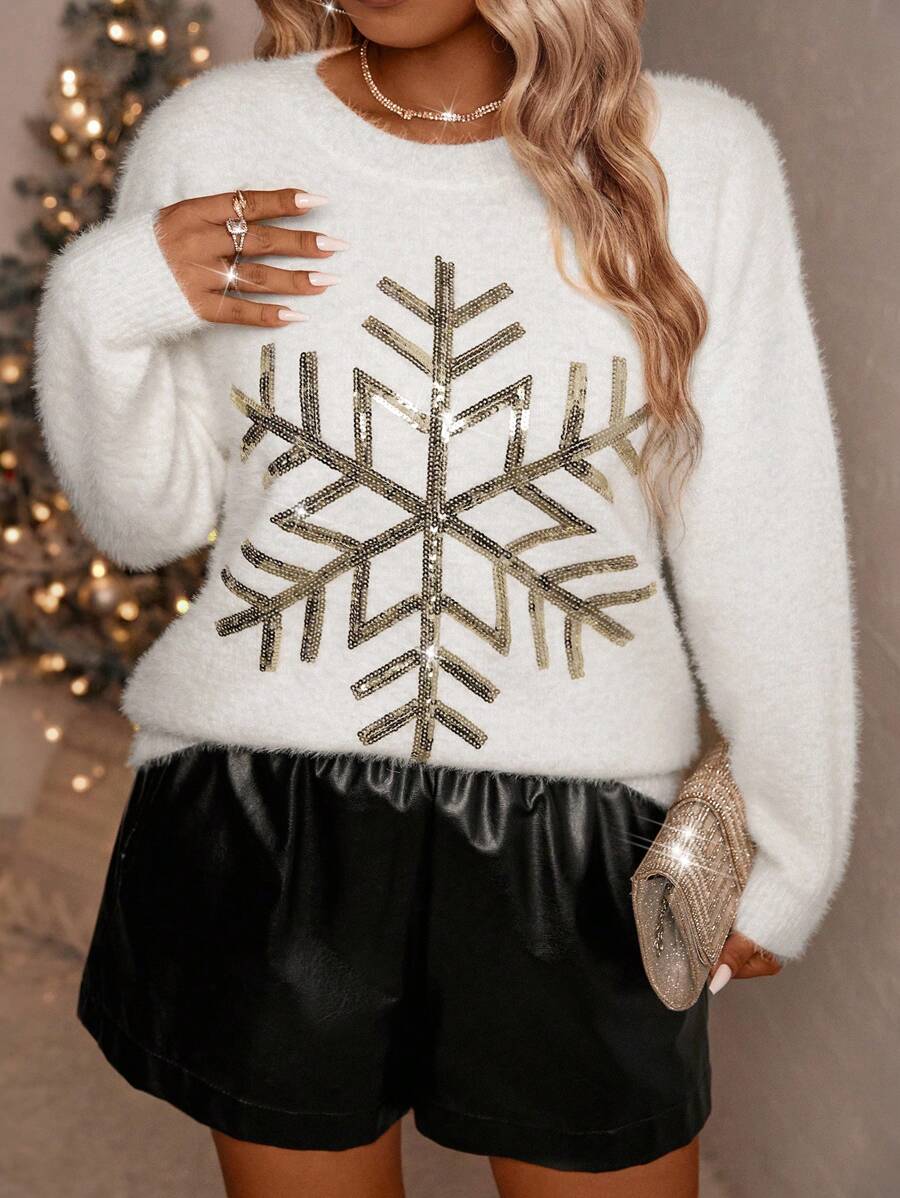 SHEIN Clasi 大码女式闪亮雪花图案落肩套头衫秋冬款