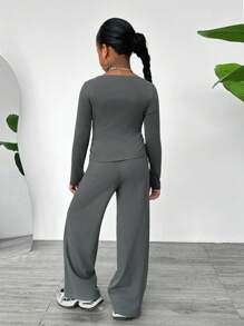 Tween Girls Retro Collegiate Casual Solid Color Round Neck Long Sleeve Top And Wide Leg Pants Set - Dark Grey - View 2