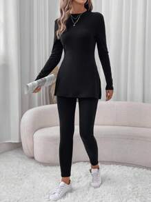 SHEIN LUNE 2pcs Women's Side Slit Figure-Hugging T-Shirt And Skinny Leggings Casual Sports Loungewear Set, Thermal Lined Warm For Autumn Winter - Black - View 5