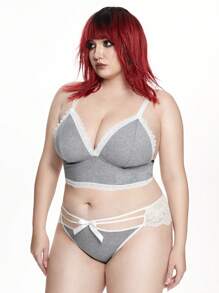 ROMWE Kawaii Plus Size Women Wireless Lace Bow Decor Lingerie Set - Grey - View 5