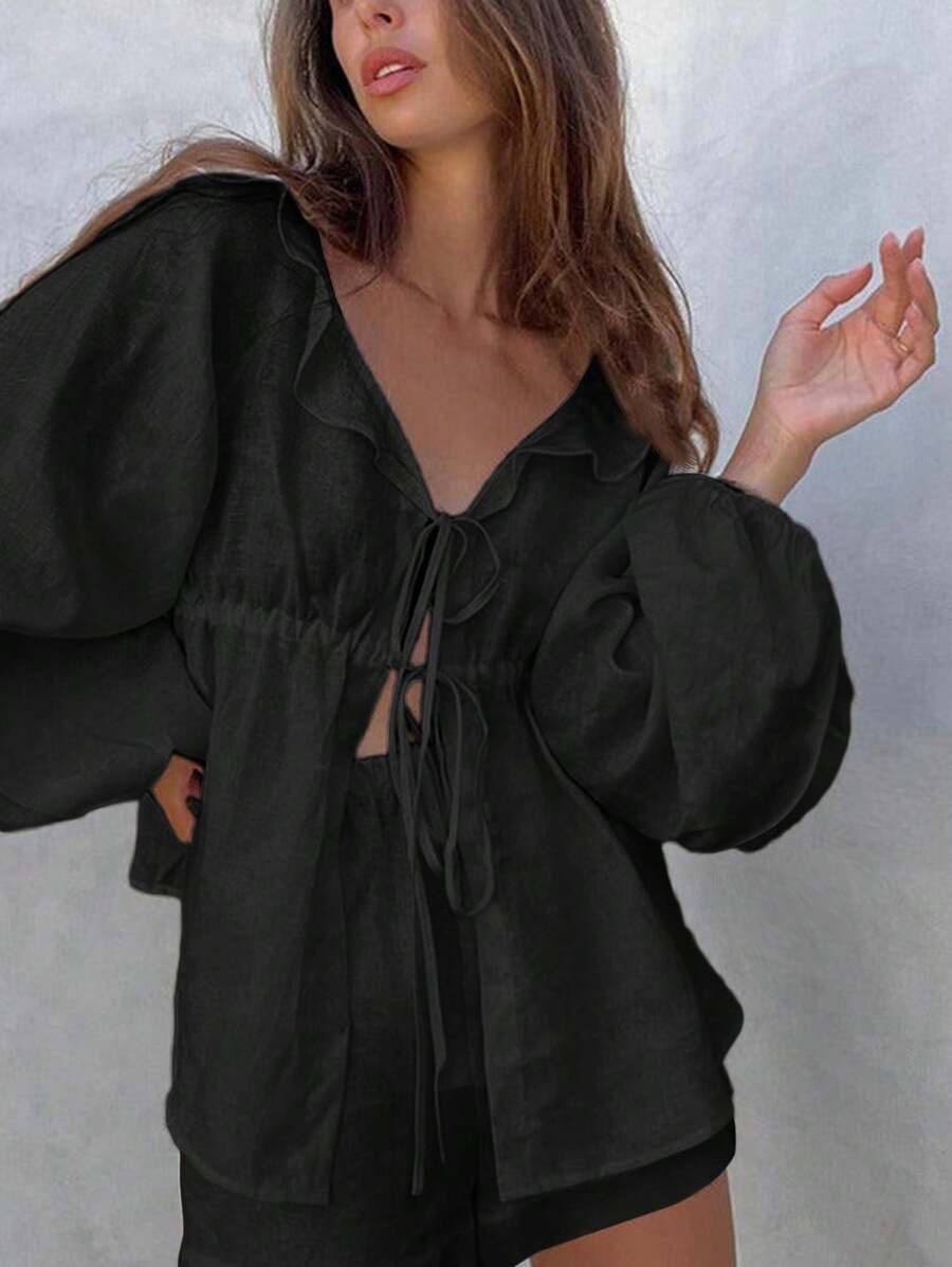 SHEIN EZwear Women's Spring & Summer Solid Color Lantern Sleeve Linen Loose Babydoll Shirt - Black - View 1