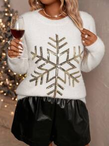 SHEIN Clasi 大码女式闪亮雪花图案落肩套头衫秋冬款