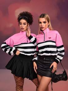 SHEIN X Care Bears Designer 1pc Plus Size Casual Cartoon Bear & Contrast Stripe Print Half Zip Mock Neck Sweatshirt, Spring Autumn, Holiday, Thanksgiving, Winter, Festival