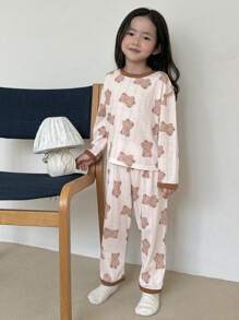 DAZY 2 peças de blusa e calça de manga comprida com estampa de urso de desenho animado para meninas jovens, roupa casual, primavera outono