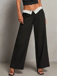 SHEIN BAE Women's Black Solid Color Waist Fold Lace Contrast Wide Leg Loose Elegant Casual Pants
