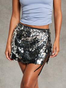 SHEIN BAE Váy mini sequin xẻ tà gợi cảm cho nữ, váy cocktail ngắn - màu đen - Xem 8