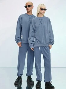 Mainfolk Men's 2pcs Knitted Loose Fit Drop Shoulder Streetwear Sweatshirt & Pants Set,Slate Blue,Autumn,Holiday,Round Neck Long Sleeve Pullover,Fall Winter - Baby Blue - View 1