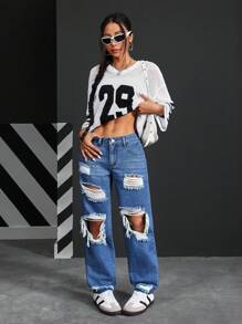 SHEIN PETITE Women's Loose Fit Straight Leg Distressed Pocket Jeans - Blue - View 4