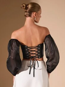 Glamine 女士 PU 皮革人字形网眼露肩优雅衬衫