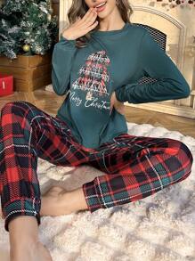 CoupledUp Christmas Tree Print Long Sleeve Top & Plaid Print Long Pants Loungewear, Fall Winter Clothes - Green - View 1