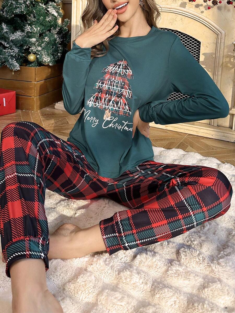 CoupledUp Christmas Tree Print Long Sleeve Top & Plaid Print Long Pants Loungewear, Fall Winter Clothes - Green - View 1