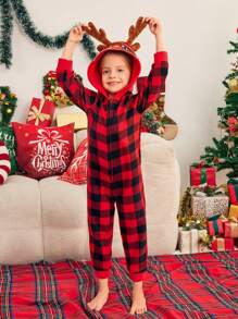 SHEIN Conjunto de pijama de Navidad para niñas, ropa de dormir a juego para fiesta navideña familiar, mono con estampado a cuadros, tela suave y cálida, decoraciones navideñas de otoño e invierno - Rojo - Ver 3