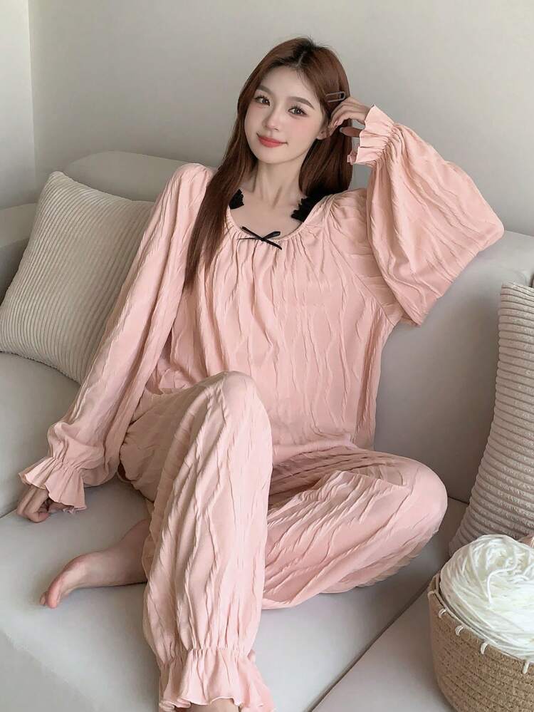 Women's Loose Pleated Contrast Color Ruffle Long Sleeve Blouse And Pants Pajama Set