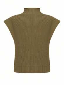 Blusa holgada de punto con cuello alto y mangas cortas, casual, para primavera y otoño - Caqui - Ver 3