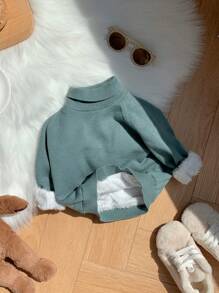 SHEIN 薄荷绿色厚针织柔软高领毛衣，休闲，适合上学、居家、户外，适合男婴和女婴，秋冬季 - 薄荷綠 - 查看 7