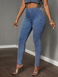 Slaydiva Jeans casuales de talle alto y cintura elástica para mujer - Azul lavado medio - Ver 5