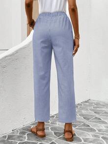 SHEIN LUNE 女士休闲舒适透气条纹松紧腰七分裤 - 藍白色 - 查看 2