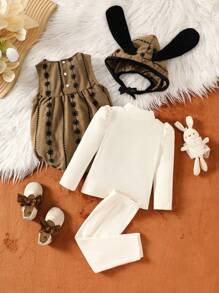 4 pièces Body à manches longues brodé confortable et élégant pour bébés filles avec pantalon long, ensemble Top à manches longues et chapeau, tenue de maison - Multicolore - Voir 2