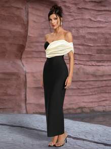 拼色扭纹露肩长款紧身礼服，优雅晚会礼服，适合婚礼嘉宾、毕业典礼、晚宴派对礼服 - 黑與白 - 查看 3